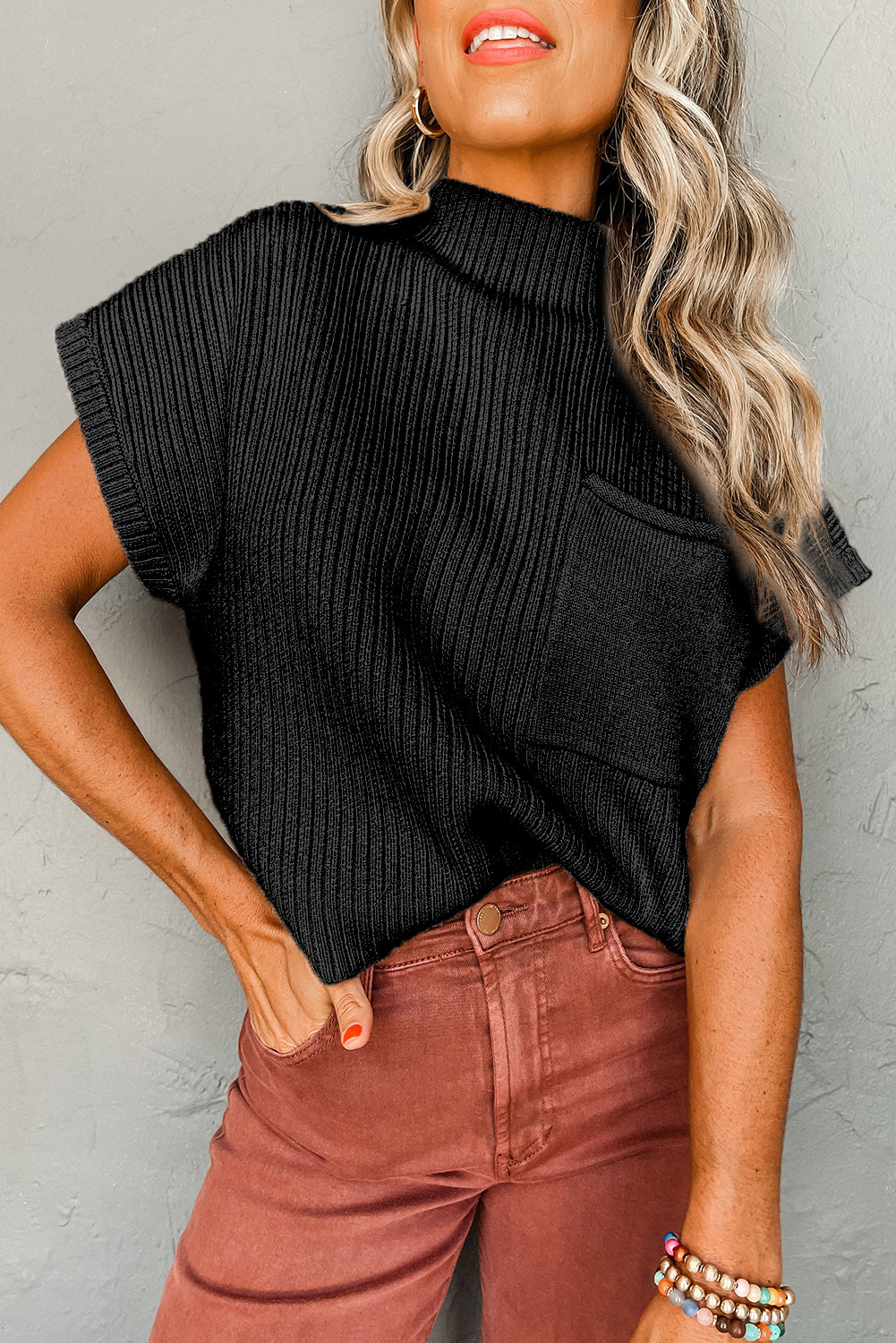 Black Patch Pocket Ribbed Knit Short Sleeve Sweater