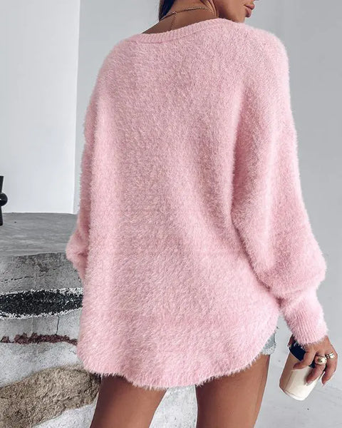 V-Neck Long Sleeve Beaded Decor Oversized Sweater Fluffy Pullover Top