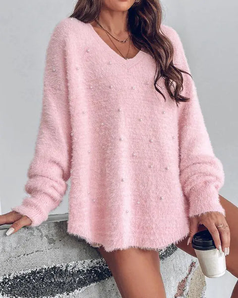 V-Neck Long Sleeve Beaded Decor Oversized Sweater Fluffy Pullover Top