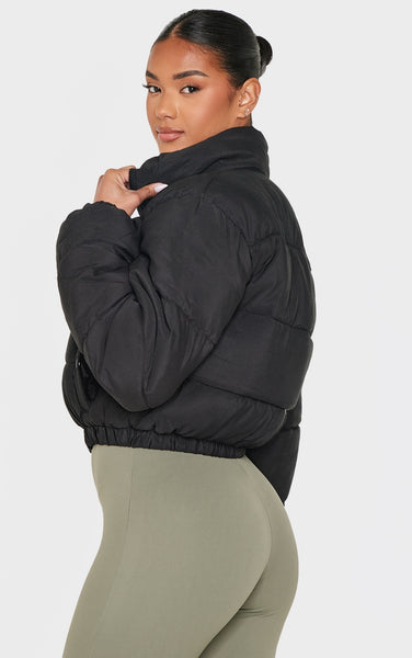 Black Cropped Peach Skin Bubble Puffer Jacket