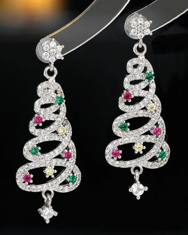 1Pair Rhinestone Hollow Christmas Tree Dangle Earrings