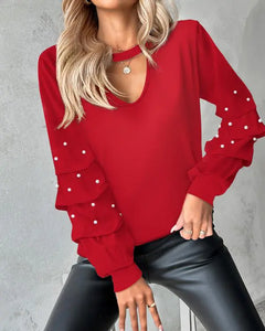 Keyhole Neck Long Sleeve Pullover Top Beaded Hollow Out Blouse Top