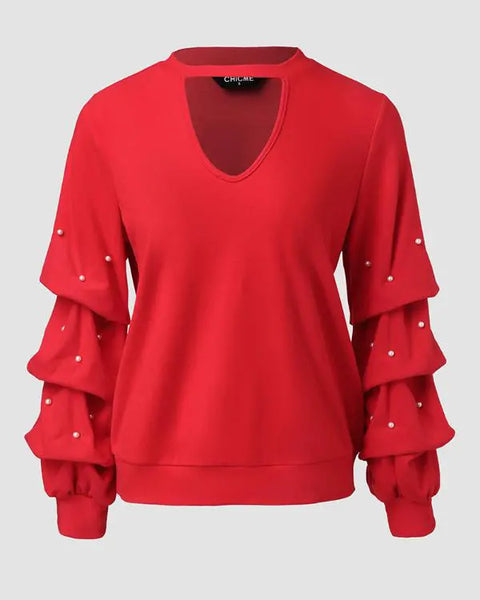 Keyhole Neck Long Sleeve Pullover Top Beaded Hollow Out Blouse Top