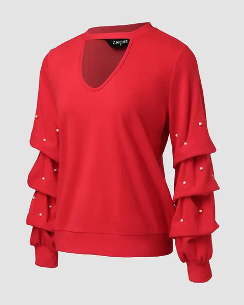 Keyhole Neck Long Sleeve Pullover Top Beaded Hollow Out Blouse Top