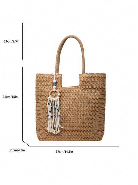 Complimentary Tassel Decorated Woven Women's Shoulder Bag With Large Capacity, Suitable For Beach Vacation, Casual Travel, Tote Bag