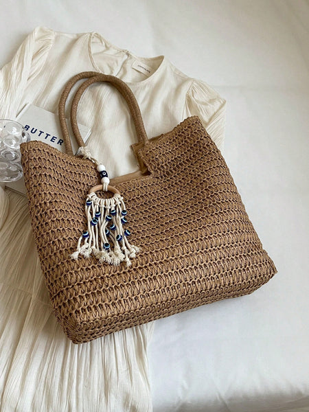 Complimentary Tassel Decorated Woven Women's Shoulder Bag With Large Capacity, Suitable For Beach Vacation, Casual Travel, Tote Bag