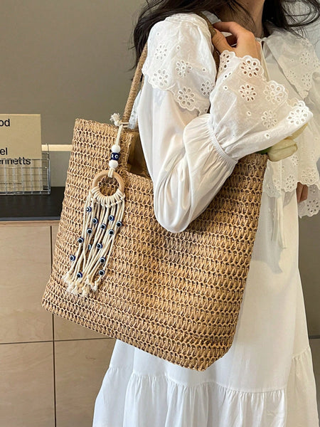 Complimentary Tassel Decorated Woven Women's Shoulder Bag With Large Capacity, Suitable For Beach Vacation, Casual Travel, Tote Bag