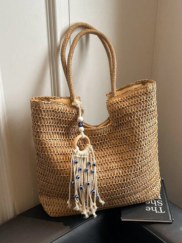 Complimentary Tassel Decorated Woven Women's Shoulder Bag With Large Capacity, Suitable For Beach Vacation, Casual Travel, Tote Bag