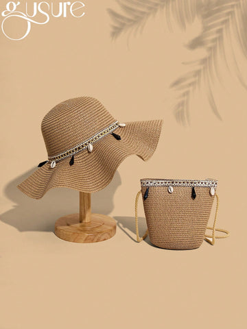 Gusure Bag 2pcs Women's Bohemia Stylish UV-Resistant Straw Hat And Crossbody Bag Set Wave & Tassel Decor Beach Sun Hat And Crossbody Woven Bag Set, Best Mothers Day Gift Ideas, Mother Day Gifts, Mom Gifts, Mommy's Essentials, Mommy Bag For Going Out