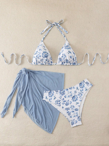 Swim Curve Plus Floral Print Halter Triangle Summer Beach Bikini Set With Solid Beach Skirt