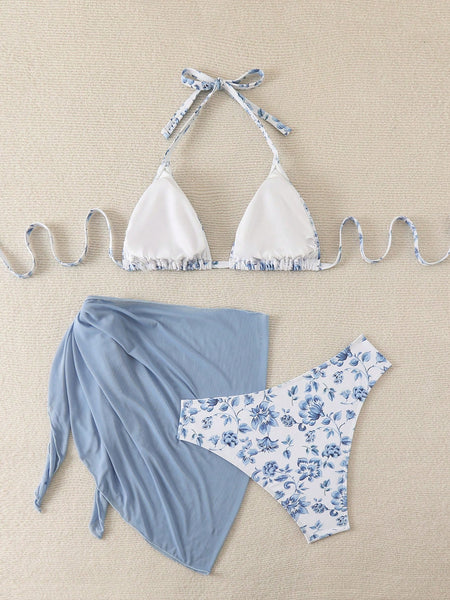 Swim Curve Plus Floral Print Halter Triangle Summer Beach Bikini Set With Solid Beach Skirt