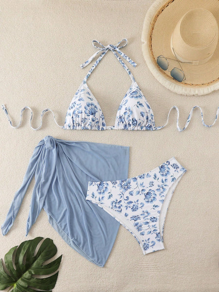 Swim Curve Plus Floral Print Halter Triangle Summer Beach Bikini Set With Solid Beach Skirt