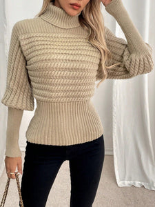 PETITE Retro Cable Knit Turtleneck Skinny Fit Pullover Sweater, Solid Color, Versatile, Autumn/Winter