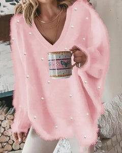 V-Neck Long Sleeve Beaded Decor Oversized Sweater Fluffy Pullover Top