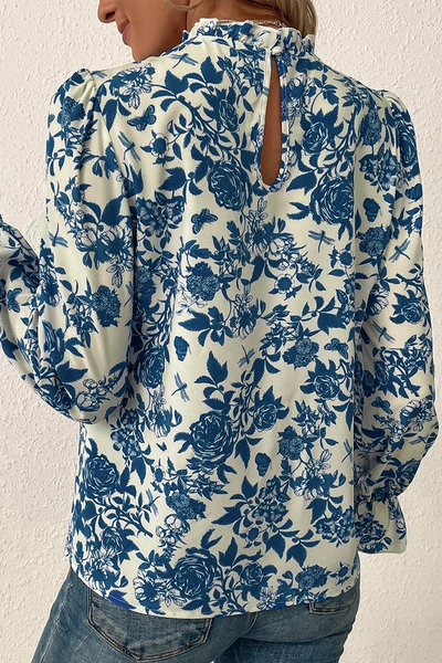 Sky Blue Floral Print Flounce Sleeve Keyhole Back Blouse