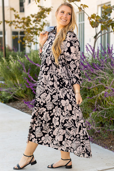 Black Plus Size Floral Printed Puff Sleeve Collared Maxi Dress