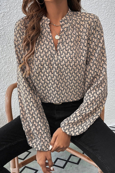 Green Geometric Print Notched Neck Puff Sleeve Blouse