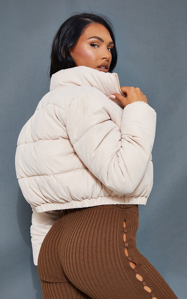 Black Cropped Peach Skin Bubble Puffer Jacket