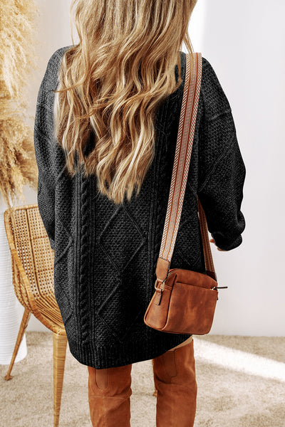 Coffee Cable Knit Drop Shoulder Loose Fit Sweater Dress