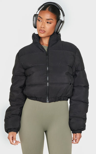 Black Cropped Peach Skin Bubble Puffer Jacket