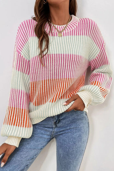 Multicolour Colorblock Textured Knit Bubble Sleeve Sweater