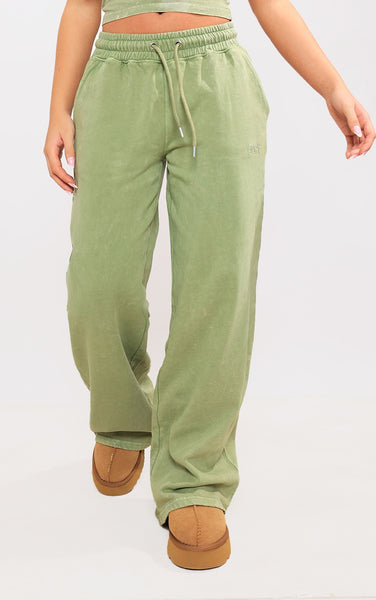 Olive Washed Oversized Low Rise Wide Leg Joggers