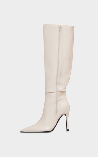 Cream Wide Fit Patent PU Point Toe Knee High Stiletto Heeled Boots