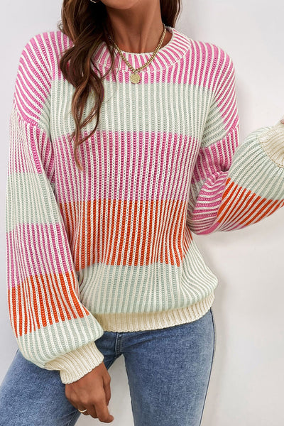 Multicolour Colorblock Textured Knit Bubble Sleeve Sweater