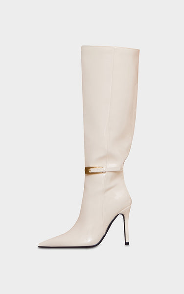 Cream Wide Fit Patent PU Point Toe Knee High Stiletto Heeled Boots