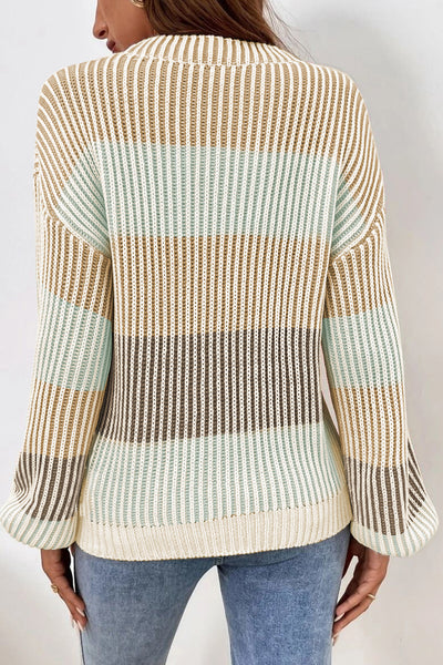 Multicolour Colorblock Textured Knit Bubble Sleeve Sweater