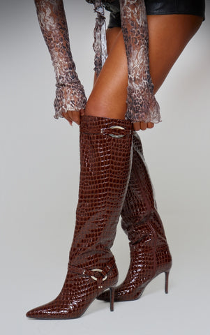 Chocolate Croc Pu Point Toe Ring Detail Knee High Heeled Boots