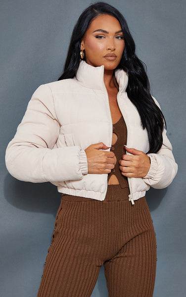 Black Cropped Peach Skin Bubble Puffer Jacket