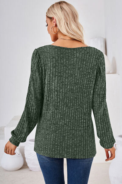 Ribbed Square Neck Long Sleeve T-Shirt