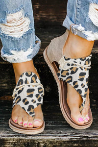 Leopard Printed Zipper Flat Sandals