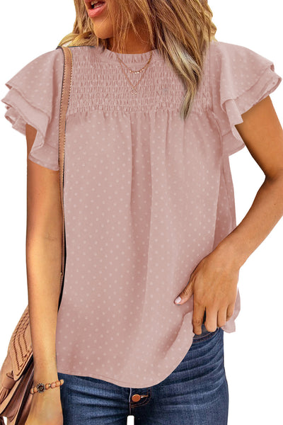 Tiered Sleeve Frilled Neck Dotted Top