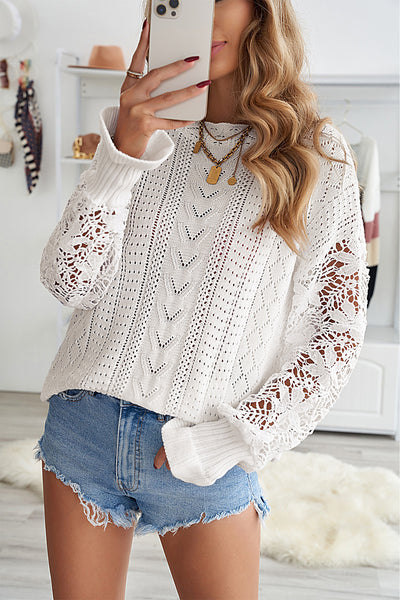 White Crochet Lace Pointelle Knit Sweater