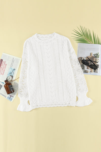 White Crochet Lace Pointelle Knit Sweater