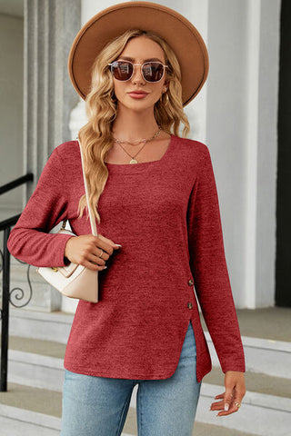 Slit Decorative Button Square Neck T-Shirt