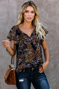 Multicolor V-neck Short Sleeve Fashion Print Fantasy Fluttering Blouse